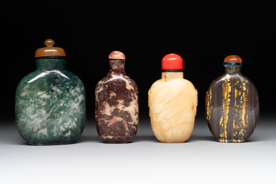 A collection of eight Chinese precious stone snuff bottles, 19/20th C.