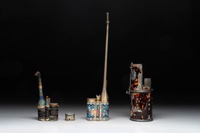 Three Chinese water pipes, two mouth pieces and a cloisonn&eacute; opium box and cover, 19th C.