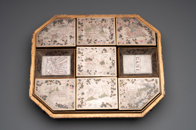 A Chinese Canton gilt-lacquered box and cover, including mother-of-pearl accessories, 19th C.