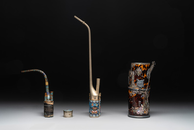 Three Chinese water pipes, two mouth pieces and a cloisonn&eacute; opium box and cover, 19th C.