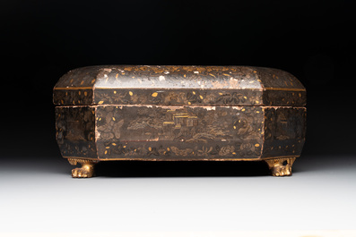 A Chinese Canton gilt-lacquered box and cover, including mother-of-pearl accessories, 19th C.