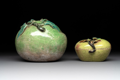 A collection of five Chinese famille rose peaches and pumpkins, including a box and cover, 19th C.