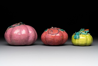 A collection of five Chinese famille rose peaches and pumpkins, including a box and cover, 19th C.