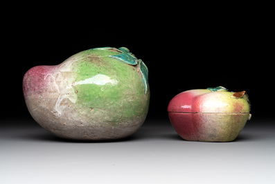 A collection of five Chinese famille rose peaches and pumpkins, including a box and cover, 19th C.