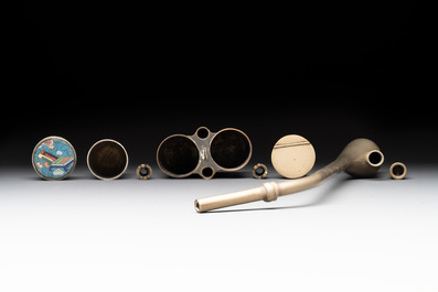 Three Chinese water pipes, two mouth pieces and a cloisonn&eacute; opium box and cover, 19th C.