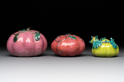 A collection of five Chinese famille rose peaches and pumpkins, including a box and cover, 19th C.