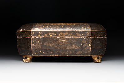 A Chinese Canton gilt-lacquered box and cover, including mother-of-pearl accessories, 19th C.