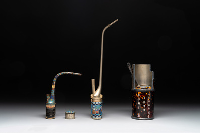 Three Chinese water pipes, two mouth pieces and a cloisonn&eacute; opium box and cover, 19th C.