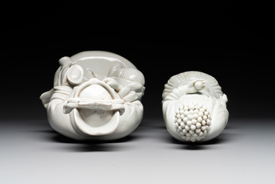 Two Chinese Dehua blanc de Chine Buddha and Wenchang figures, a seal paste covered box, a vase and an iron-red-glazed boy, Qianlong mark, 19/20th C.