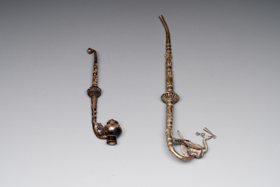 Three Chinese water pipes, two mouth pieces and a cloisonn&eacute; opium box and cover, 19th C.