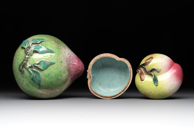 A collection of five Chinese famille rose peaches and pumpkins, including a box and cover, 19th C.