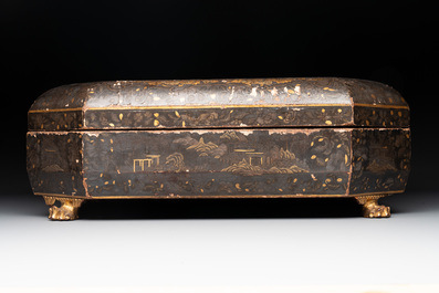A Chinese Canton gilt-lacquered box and cover, including mother-of-pearl accessories, 19th C.