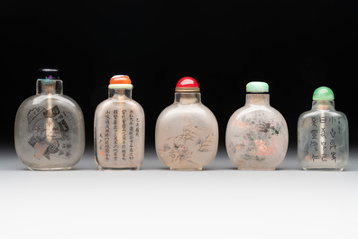 Five Chinese inside-painted glass snuff bottles, signed Ma Shaoxuan 馬少宣, Pu Ru 溥儒 and Ye Zhongsan 葉仲三, 20th C., one dated 1962