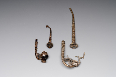 Three Chinese water pipes, two mouth pieces and a cloisonn&eacute; opium box and cover, 19th C.