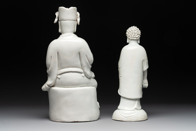 Two Chinese Dehua blanc de Chine Buddha and Wenchang figures, a seal paste covered box, a vase and an iron-red-glazed boy, Qianlong mark, 19/20th C.