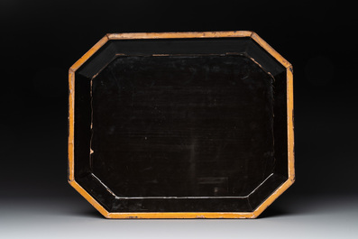 A Chinese Canton gilt-lacquered box and cover, including mother-of-pearl accessories, 19th C.