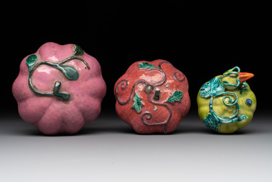 A collection of five Chinese famille rose peaches and pumpkins, including a box and cover, 19th C.