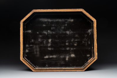A Chinese Canton gilt-lacquered box and cover, including mother-of-pearl accessories, 19th C.