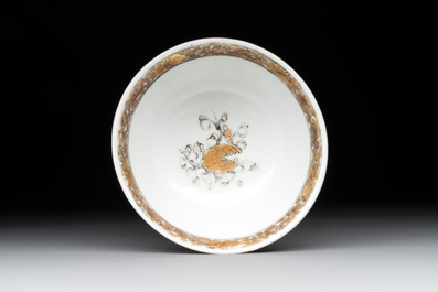 A fine Chinese grisaille and gilt '18 Luohan' cup and saucer, Yongzheng