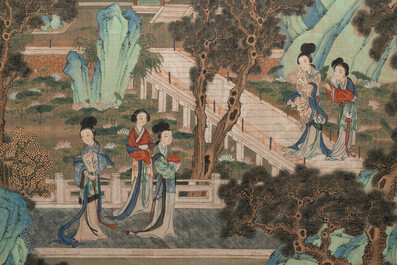 In the manner of Qiu Ying 仇英 (1494-1552): 'Mountainous landscape', ink and colour on silk, 19/20th C.