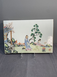 A pair of Chinese famille rose plaques with garden scenes, Ju Ren Tang 居仁堂 mark, 19/20th C.