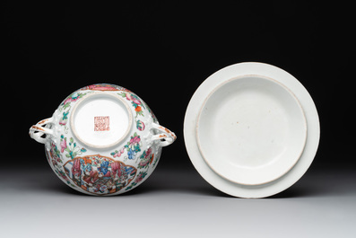 A pair of Chinese Canton famille rose two-handled bowls and covers with narrative design, Daoguang mark and of the period