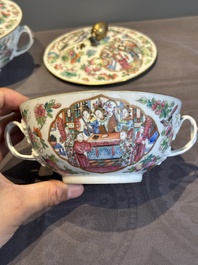 A pair of Chinese Canton famille rose two-handled bowls and covers with narrative design, Daoguang mark and of the period