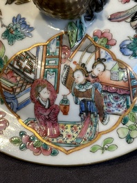 A pair of Chinese Canton famille rose two-handled bowls and covers with narrative design, Daoguang mark and of the period