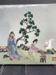 A pair of Chinese famille rose plaques with garden scenes, Ju Ren Tang 居仁堂 mark, 19/20th C.
