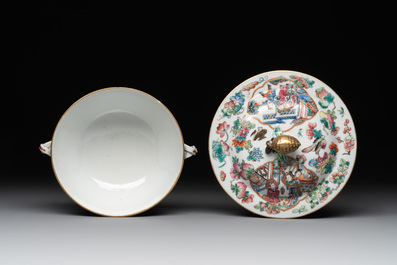 A pair of Chinese Canton famille rose two-handled bowls and covers with narrative design, Daoguang mark and of the period