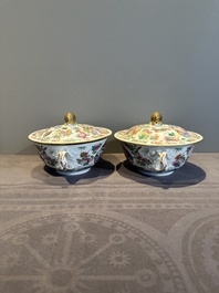 A pair of Chinese Canton famille rose two-handled bowls and covers with narrative design, Daoguang mark and of the period