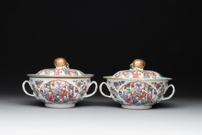 A pair of Chinese Canton famille rose two-handled bowls and covers with narrative design, Daoguang mark and of the period