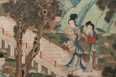 In the manner of Qiu Ying 仇英 (1494-1552): 'Mountainous landscape', ink and colour on silk, 19/20th C.