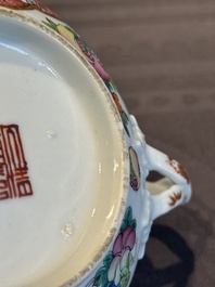 A pair of Chinese Canton famille rose two-handled bowls and covers with narrative design, Daoguang mark and of the period
