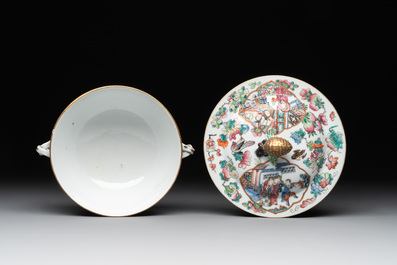A pair of Chinese Canton famille rose two-handled bowls and covers with narrative design, Daoguang mark and of the period