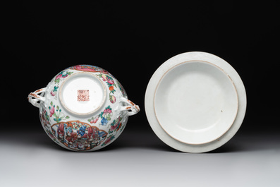 A pair of Chinese Canton famille rose two-handled bowls and covers with narrative design, Daoguang mark and of the period