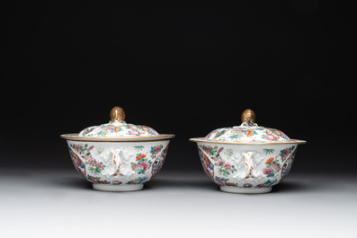 A pair of Chinese Canton famille rose two-handled bowls and covers with narrative design, Daoguang mark and of the period