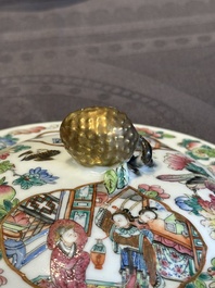 A pair of Chinese Canton famille rose two-handled bowls and covers with narrative design, Daoguang mark and of the period