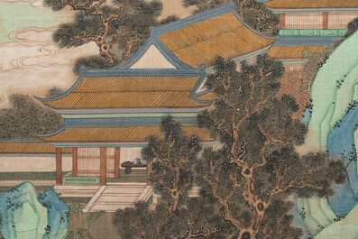 In the manner of Qiu Ying 仇英 (1494-1552): 'Mountainous landscape', ink and colour on silk, 19/20th C.