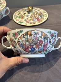 A pair of Chinese Canton famille rose two-handled bowls and covers with narrative design, Daoguang mark and of the period