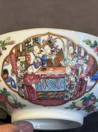 A pair of Chinese Canton famille rose two-handled bowls and covers with narrative design, Daoguang mark and of the period