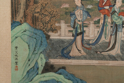 In the manner of Qiu Ying 仇英 (1494-1552): 'Mountainous landscape', ink and colour on silk, 19/20th C.