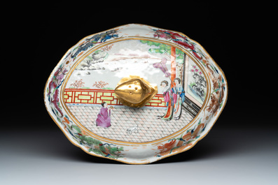 A Chinese Canton famille rose 'JFCB' monogrammed tureen and cover with narrative design, 19th C.