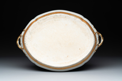 A Chinese Canton famille rose 'JFCB' monogrammed tureen and cover with narrative design, 19th C.