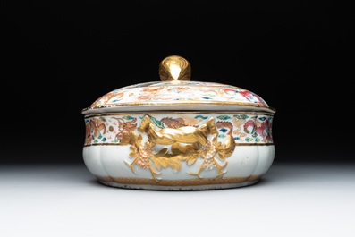 A Chinese Canton famille rose 'JFCB' monogrammed tureen and cover with narrative design, 19th C.