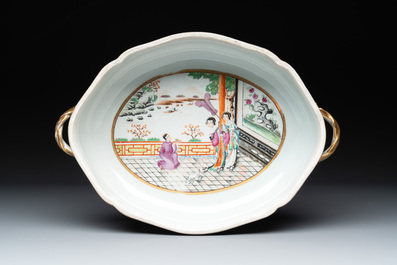 A Chinese Canton famille rose 'JFCB' monogrammed tureen and cover with narrative design, 19th C.