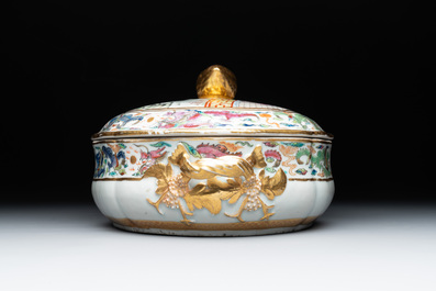 A Chinese Canton famille rose 'JFCB' monogrammed tureen and cover with narrative design, 19th C.