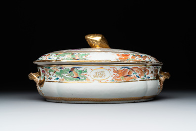 A Chinese Canton famille rose 'JFCB' monogrammed tureen and cover with narrative design, 19th C.