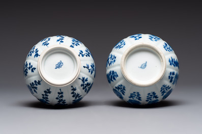 A pair of Chinese blue and white hookah bases with floral design, Kangxi