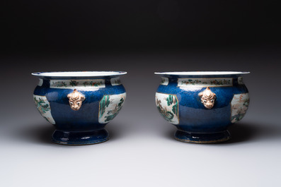 A pair of large Chinese famille verte powder-blue-ground 'landscape' jardini&egrave;res, 19th C.